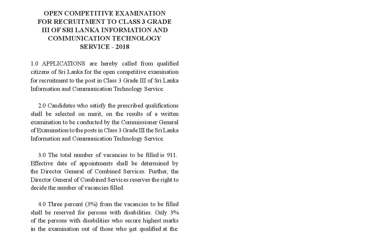 Open Competitive Exam for Recruitment to Class 3 Grade III of Sri Lanka Information & Communication Technology Service - 2018